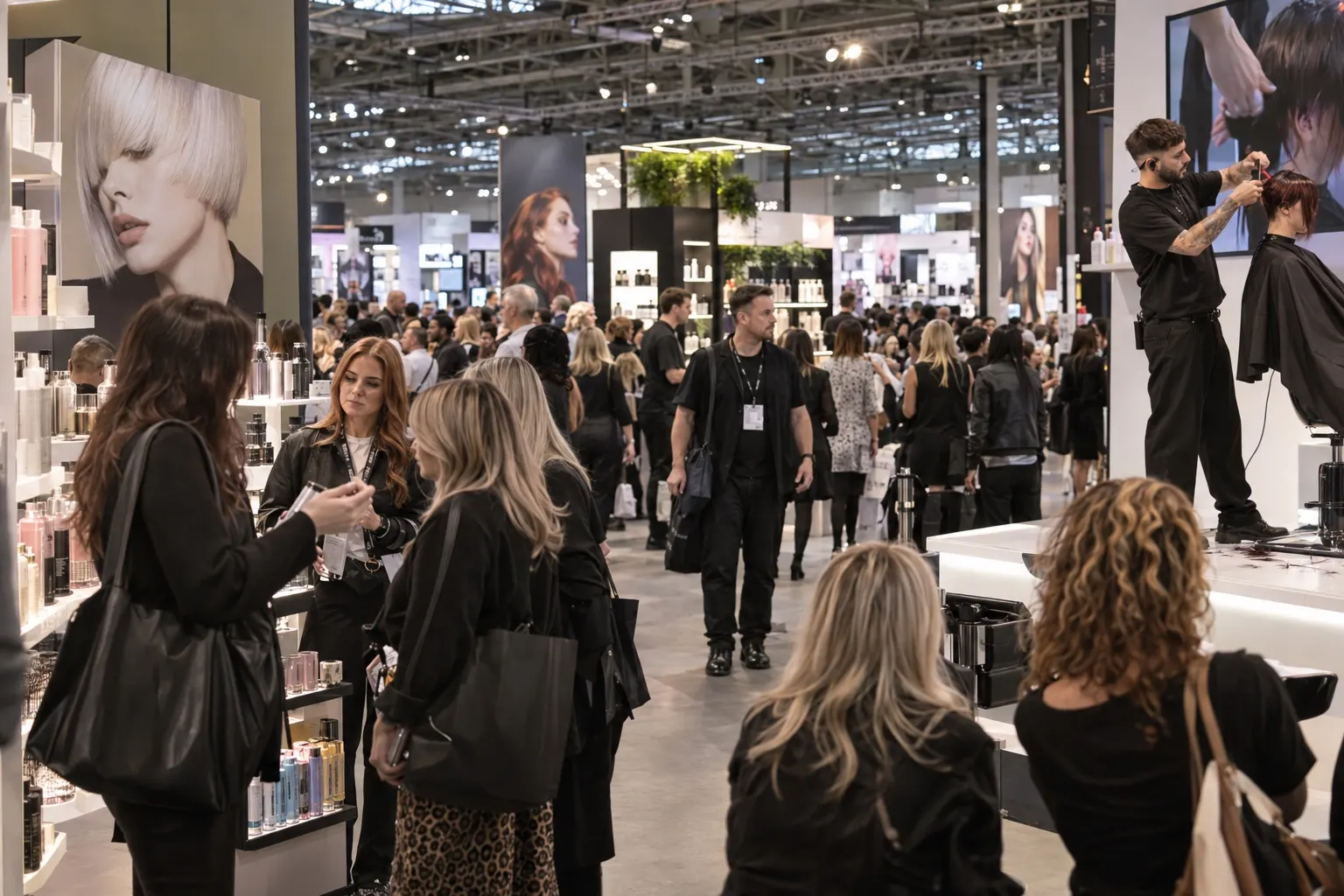 Illustrative Salon International-style professional hair exhibition hall with stylists and salon buyers