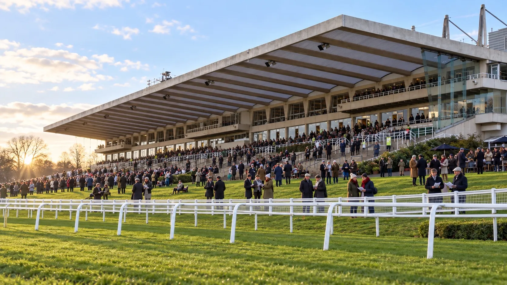 Illustrative winter racegoers before Sandown Park's grandstand