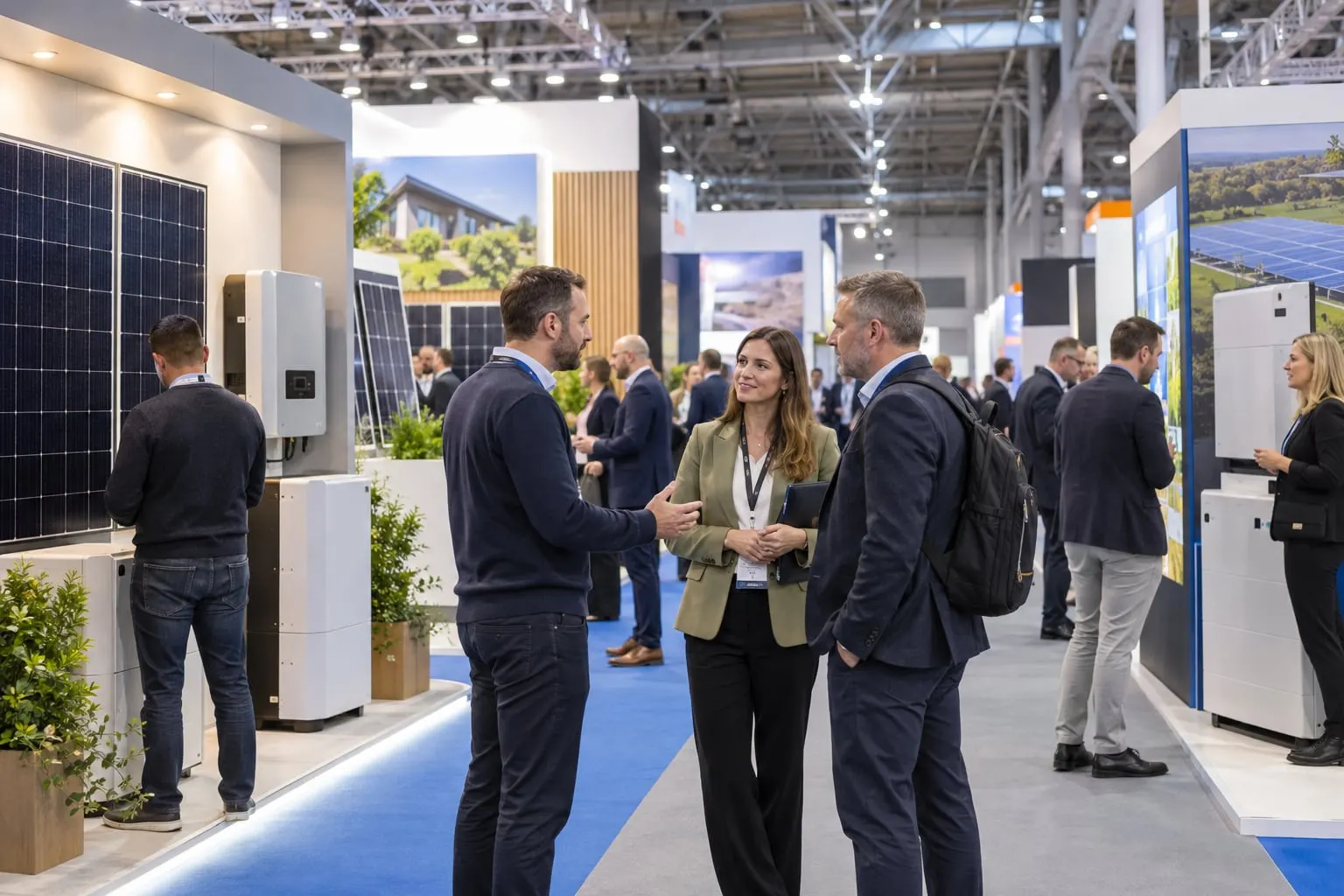 Illustrative solar and storage exhibition hall with panel and battery displays