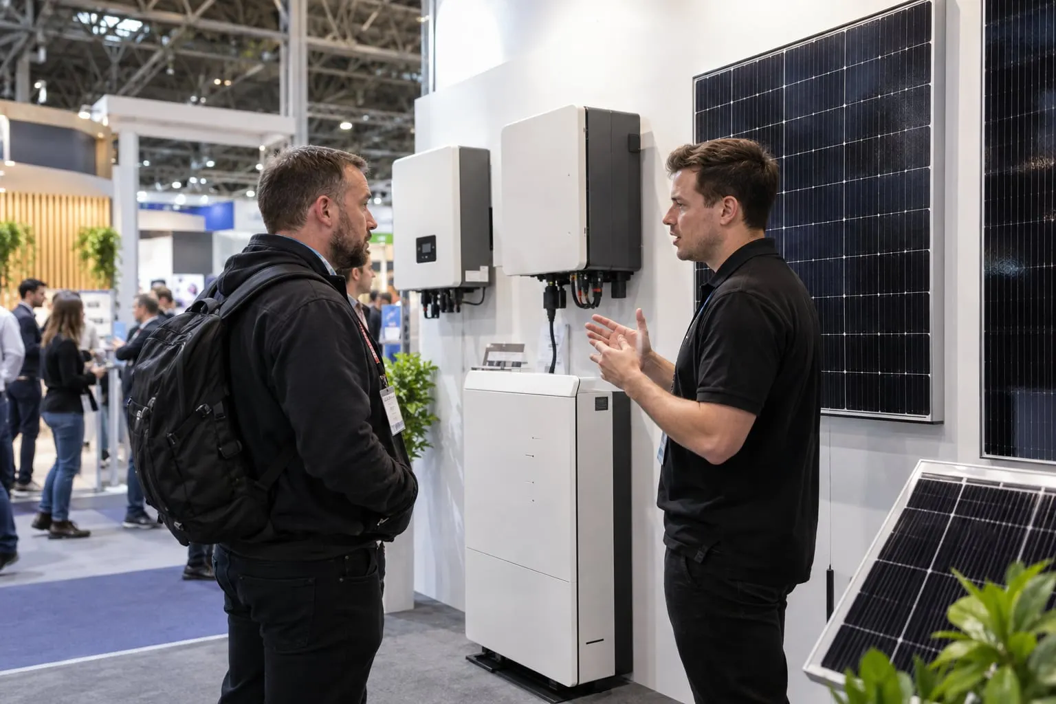 Illustrative inverter and residential battery demonstration at a solar trade stand