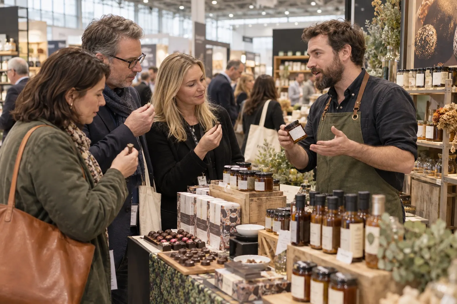 Illustrative buyers examining artisanal pantry products at a specialist food trade stand
