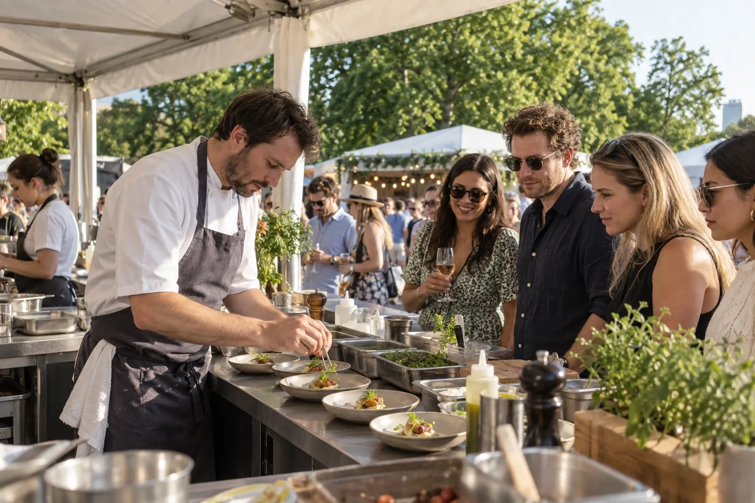Illustrative chef plating tasting dishes at an outdoor festival counter