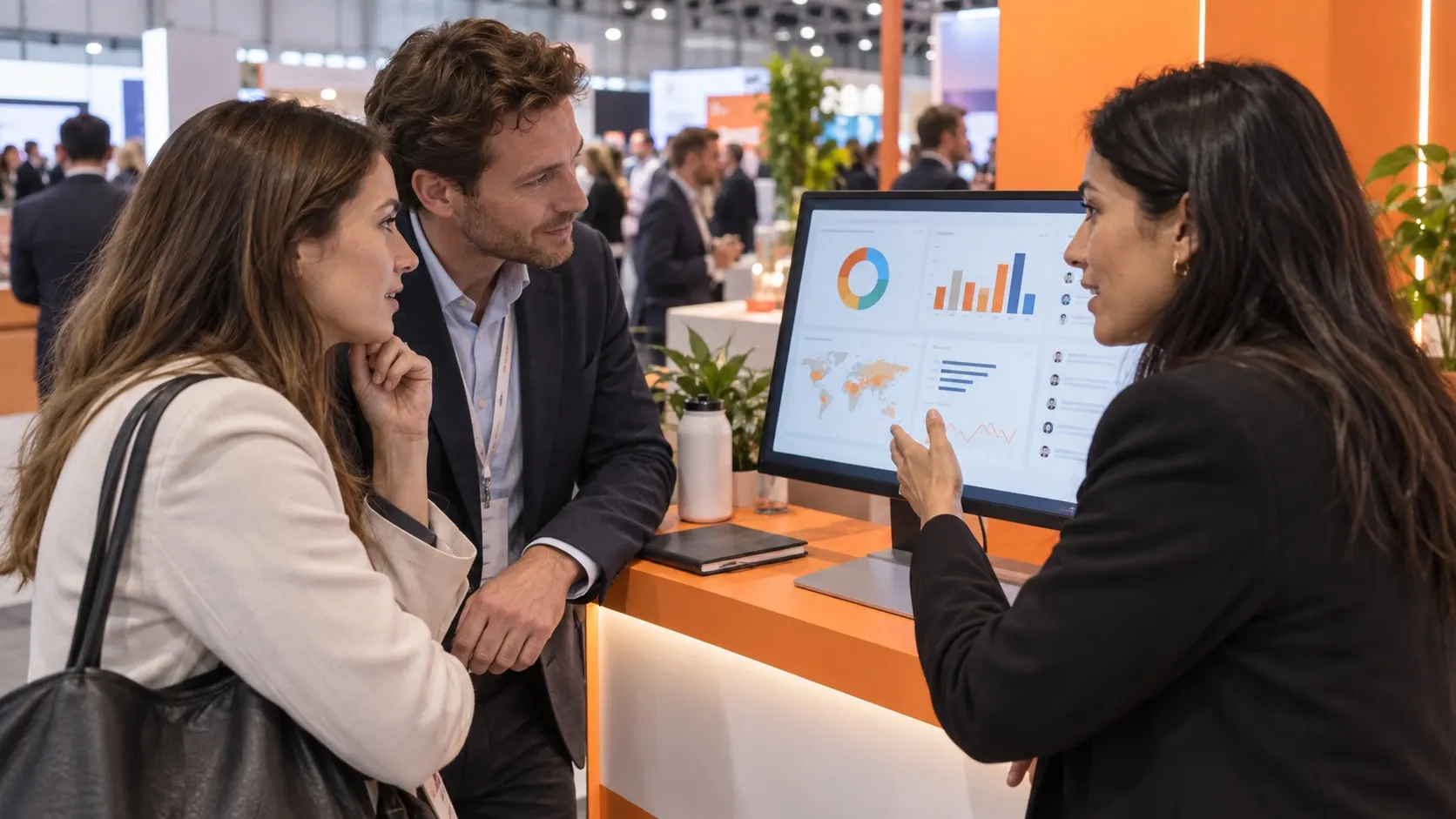 Illustrative marketer and agency colleague viewing an analytics platform demonstration