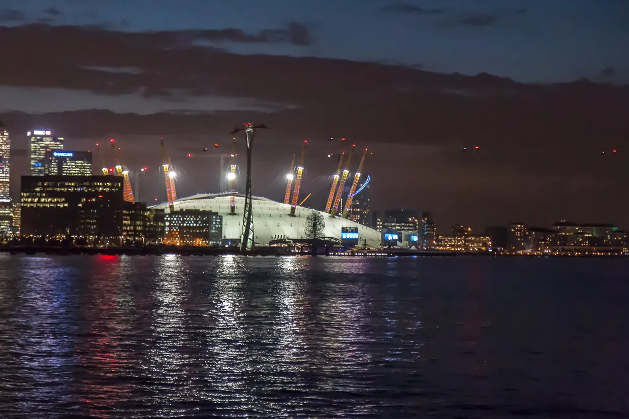 The O2 arena illuminated across the Thames in October 2014