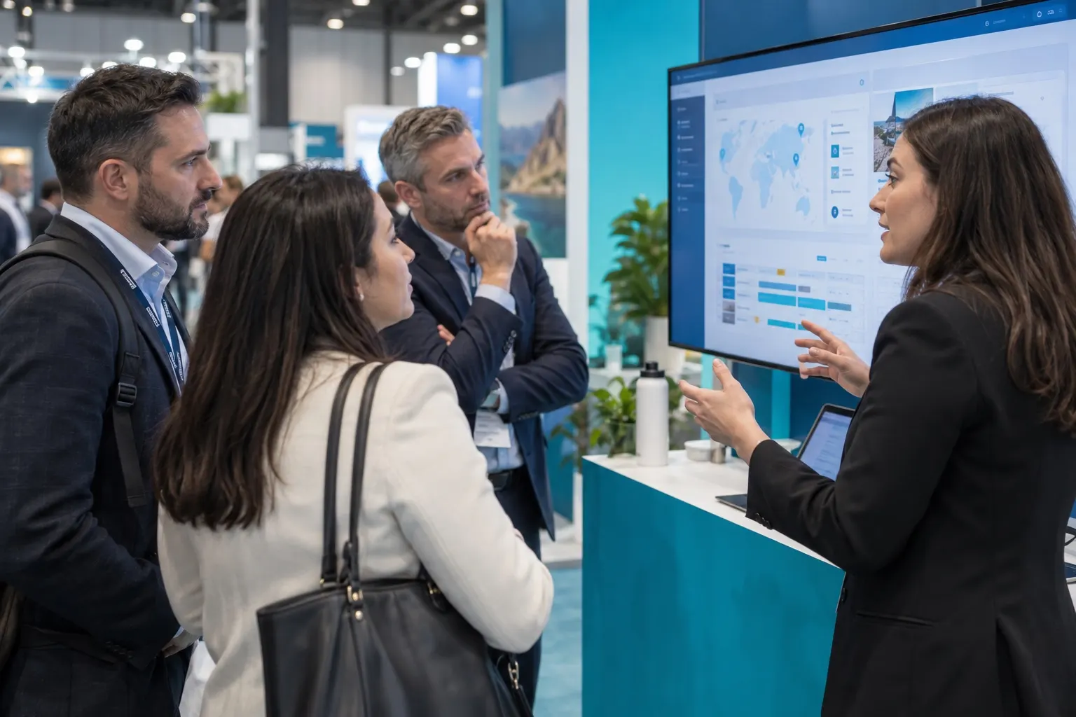 Illustrative travel-company buyers viewing a booking platform demonstration at a show stand