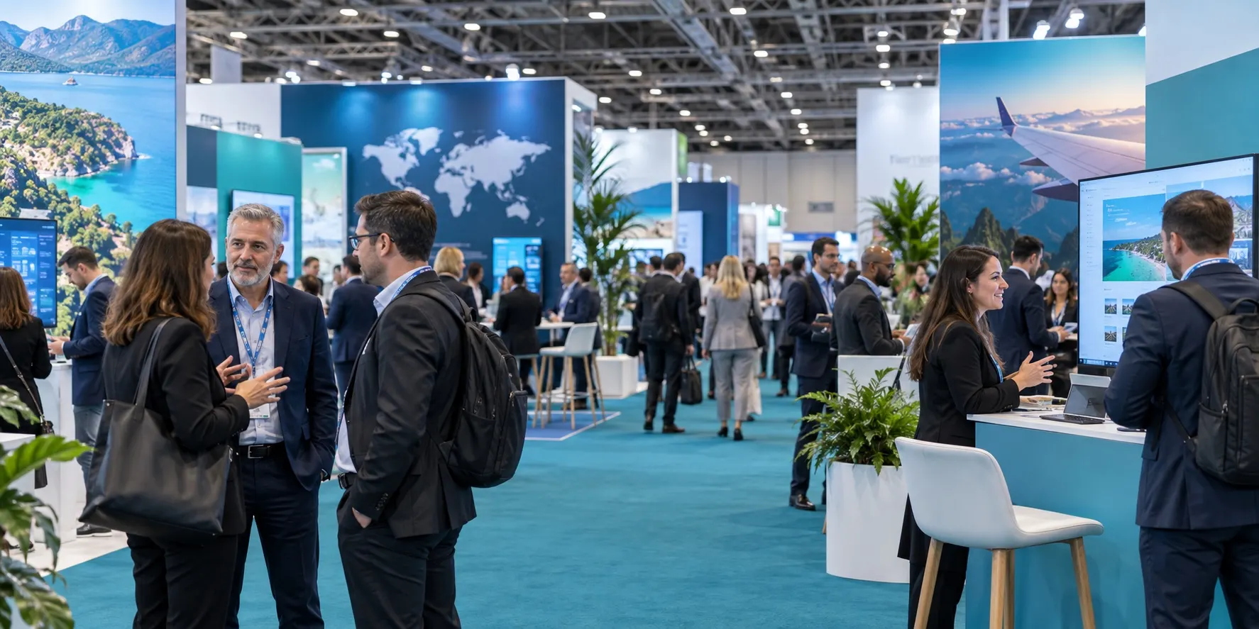 Illustrative travel technology exhibition hall with blue-teal stands and business delegates