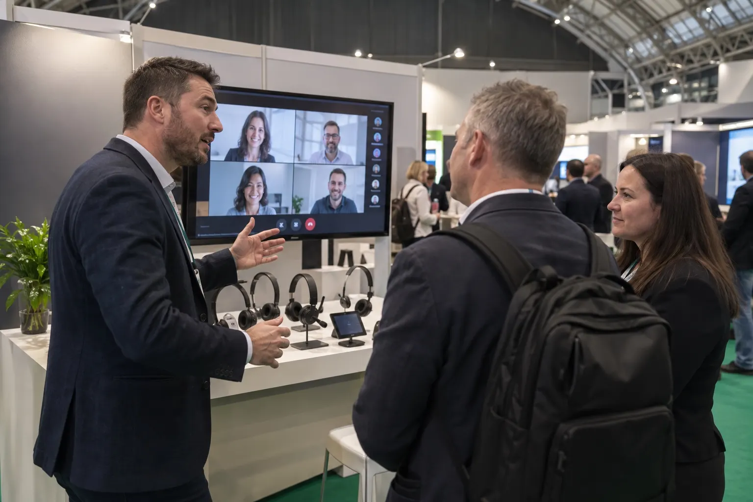 Illustrative video-collaboration and headset demonstration at a UCX-style trade stand
