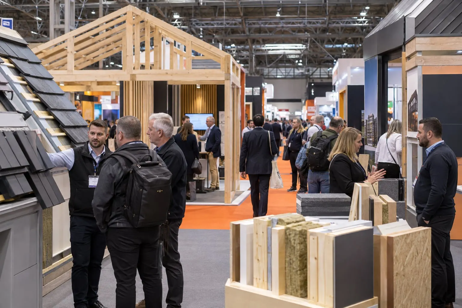 Illustrative UK Construction Week-style hall with timber and roofing displays