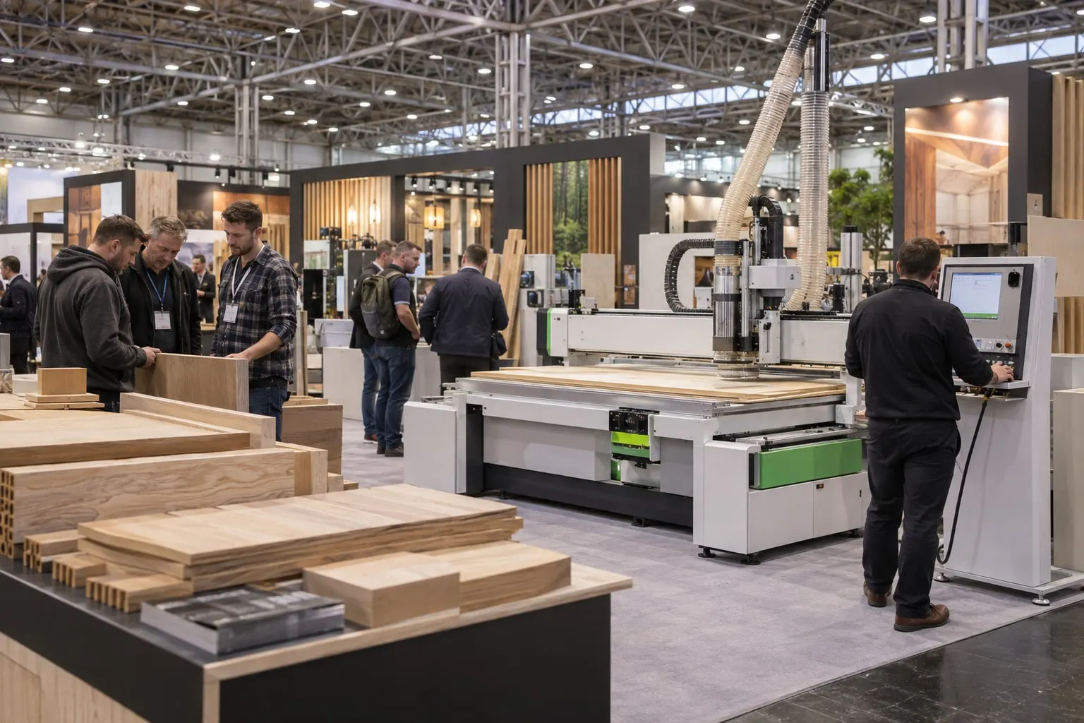 Illustrative woodworking trade hall with CNC machine and timber displays