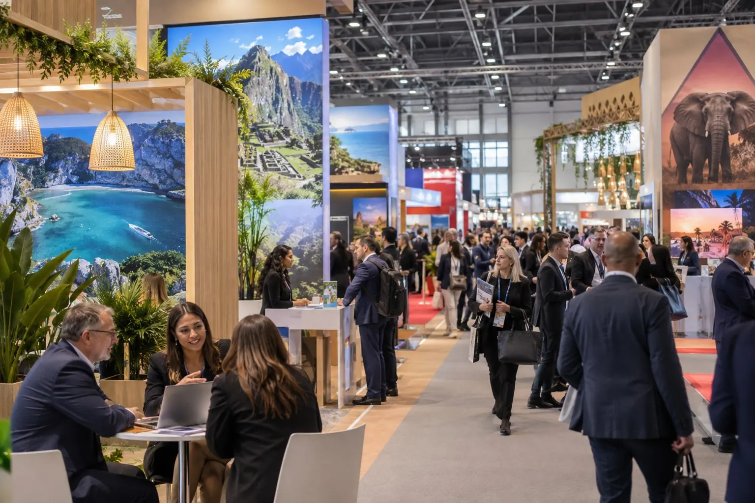 Illustrative World Travel Market-style destination pavilions at Excel London