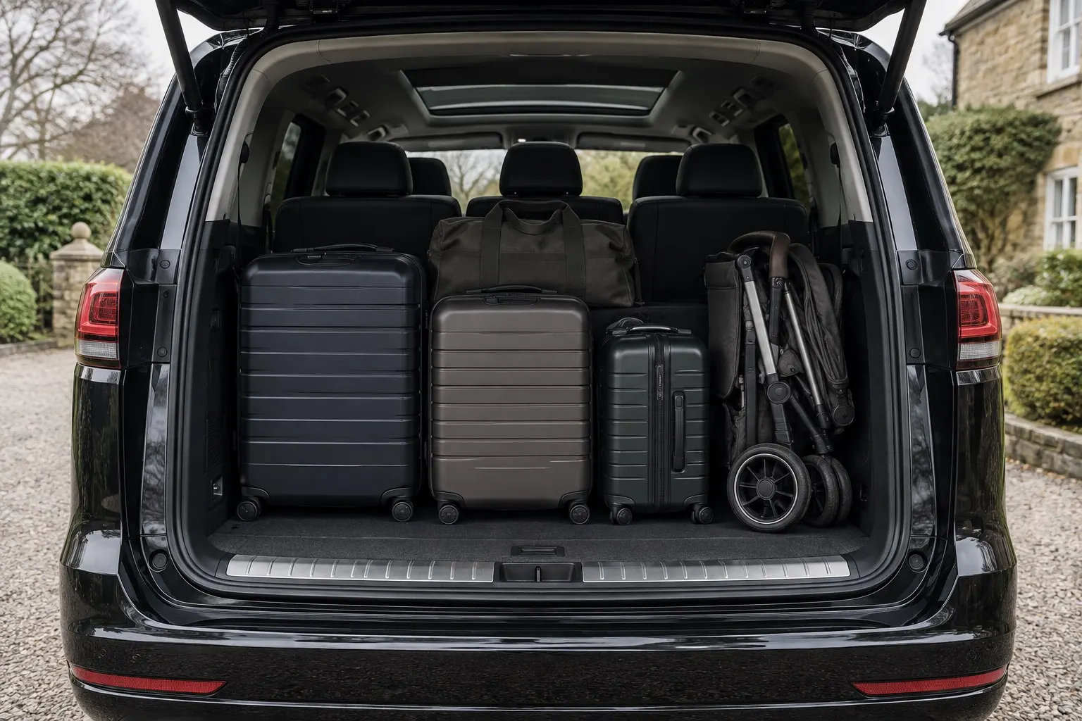 Illustration of suitcases and a folded buggy arranged in a people carrier luggage compartment