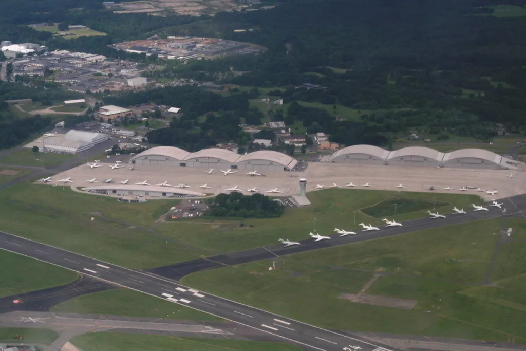 Farnborough Airport and parked aircraft from above in 2016