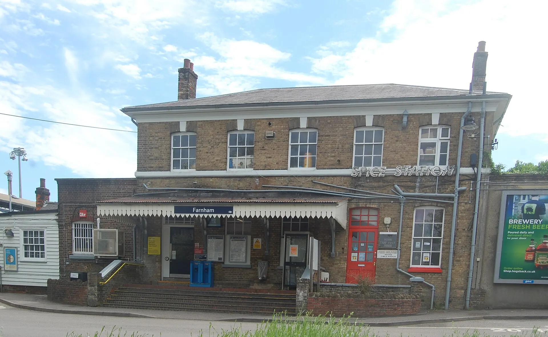 Farnham railway station frontage in May 2021