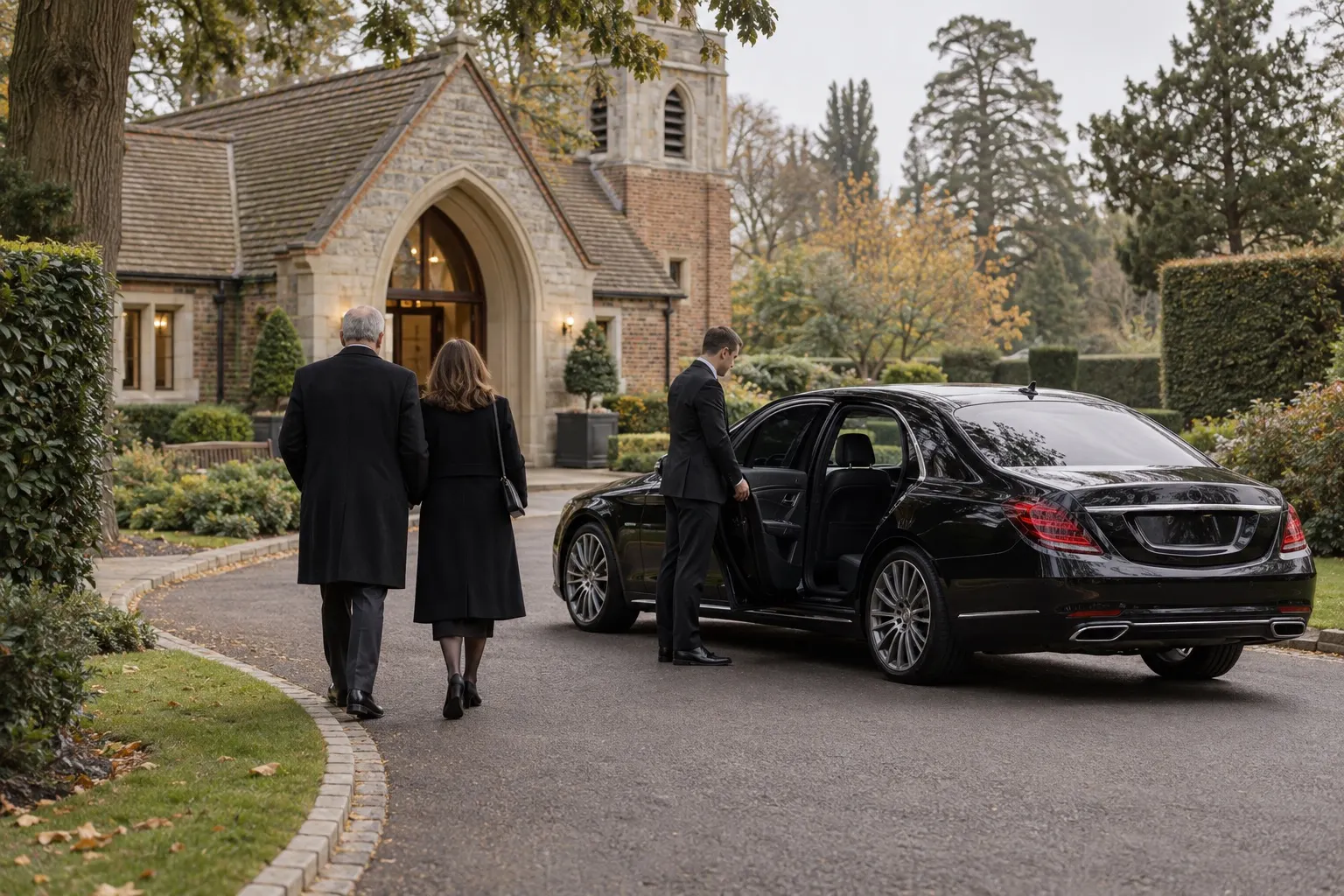 Illustrative black chauffeur car and family outside an anonymous English chapel