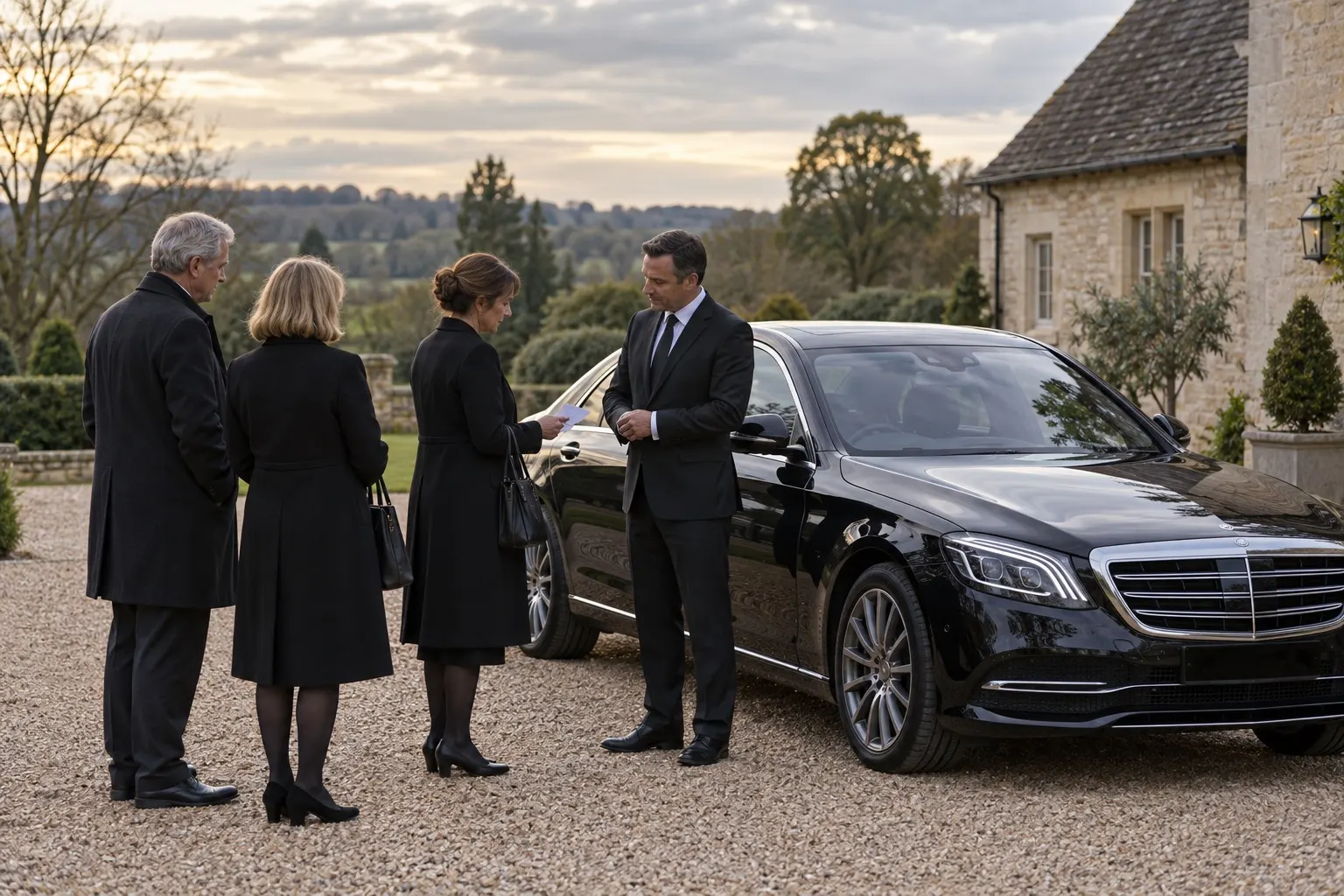 Illustrative family organiser confirming onward travel with a chauffeur outside an anonymous English gathering venue