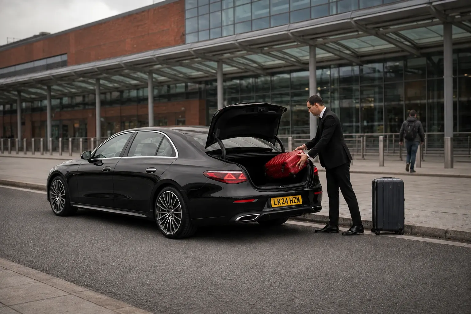 Chauffeur arranging luggage inside an open saloon boot