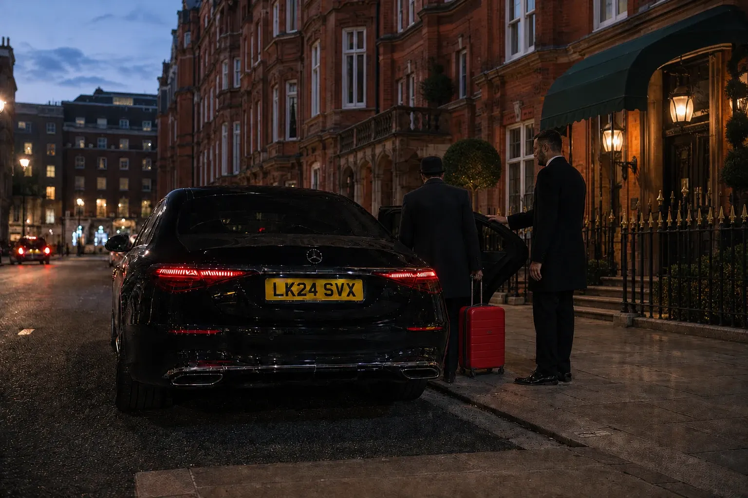 Chauffeur assisting at a hotel arrival after dusk