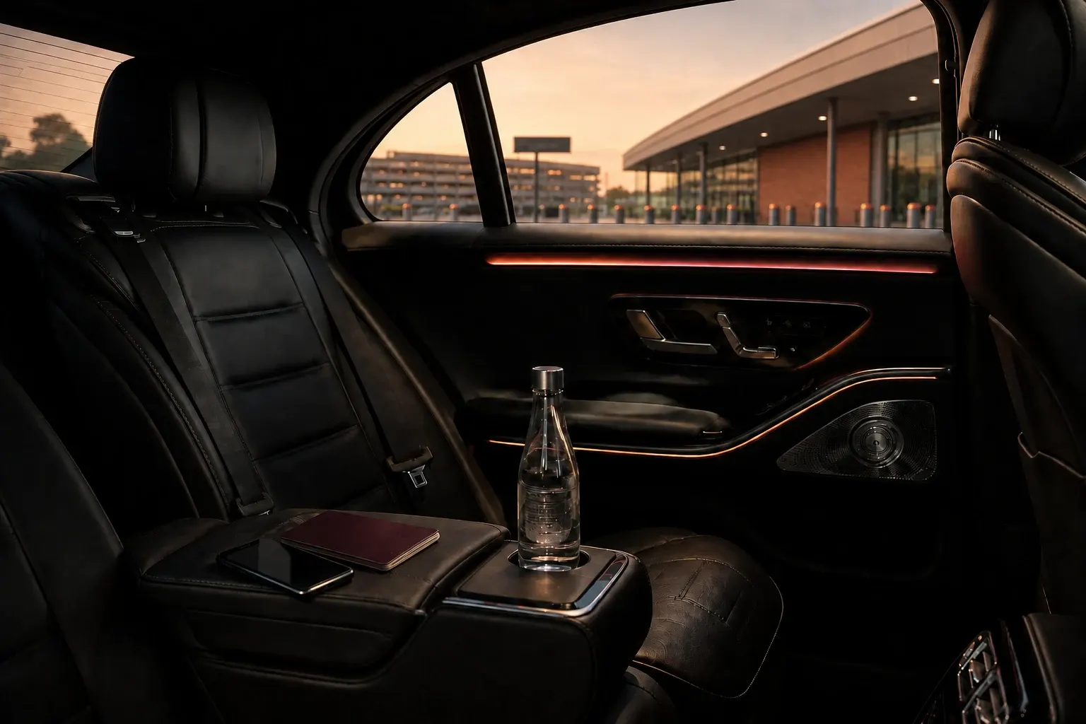 Rear passenger seat prepared with water and reading material