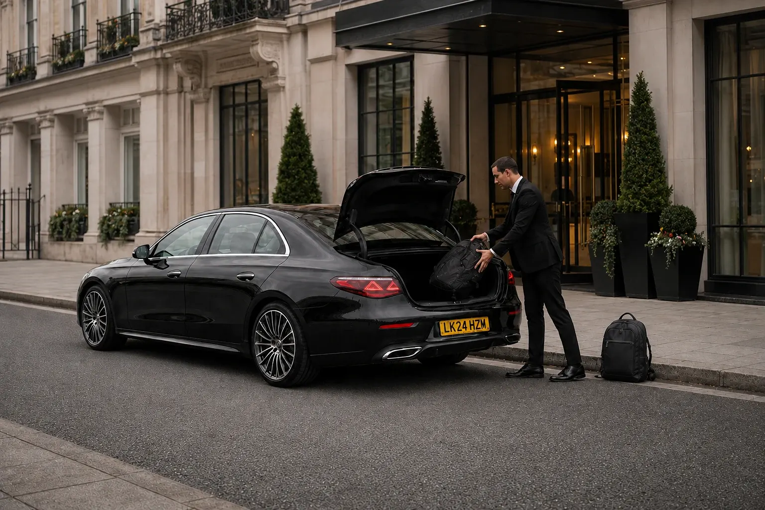 A chauffeur loading a black backpack into an open saloon boot with another backpack at the kerb
