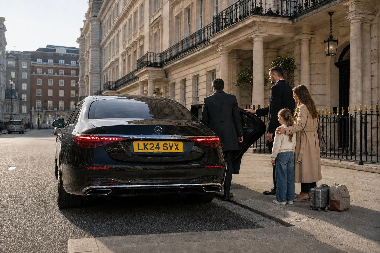 A family standing beside a black chauffeur car outside a city hotel