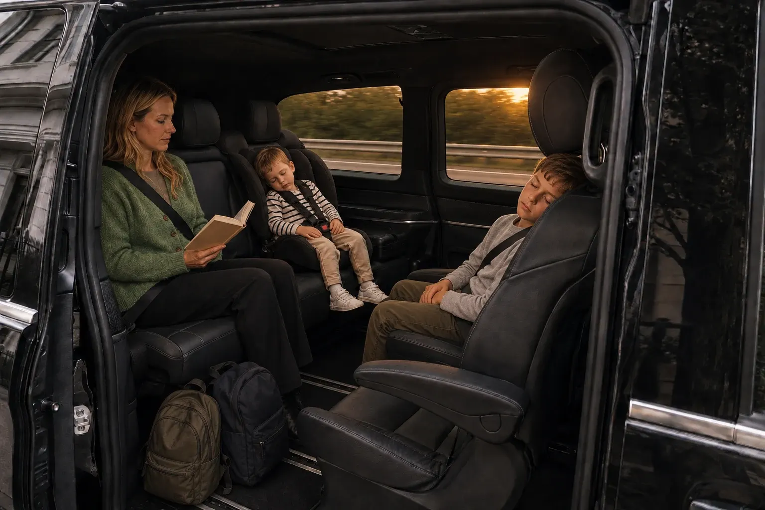 An adult and two younger passengers seated inside a black people carrier