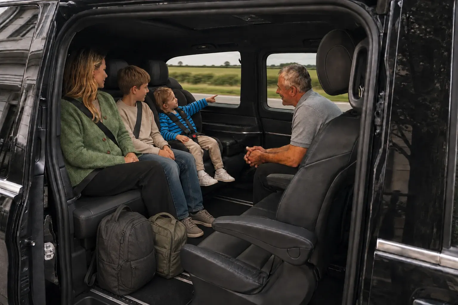 A family seated together inside a people carrier during a road journey