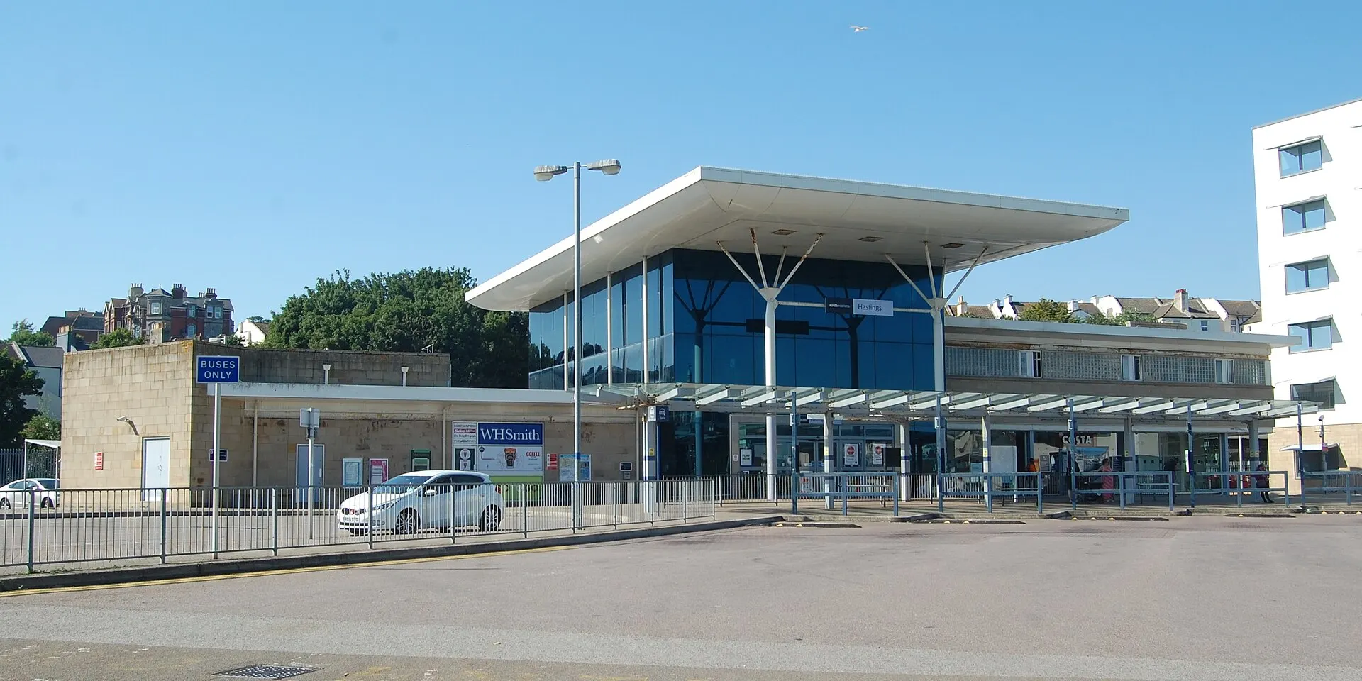 Hastings railway station frontage on Station Approach in June 2020
