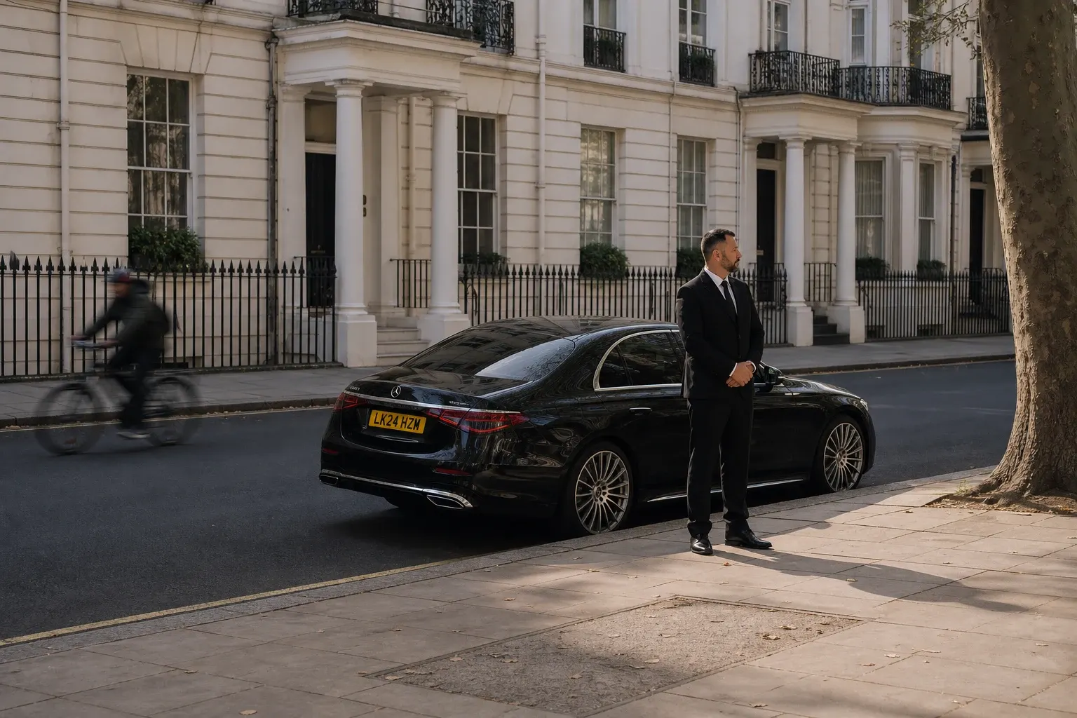 A chauffeur standing beside a black saloon at the kerb in front of pale townhouses