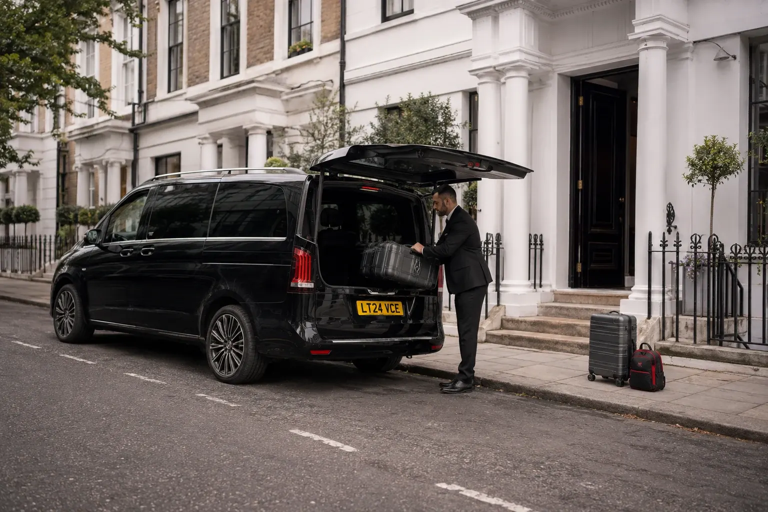 Chauffeur arranging passenger luggage in a people carrier