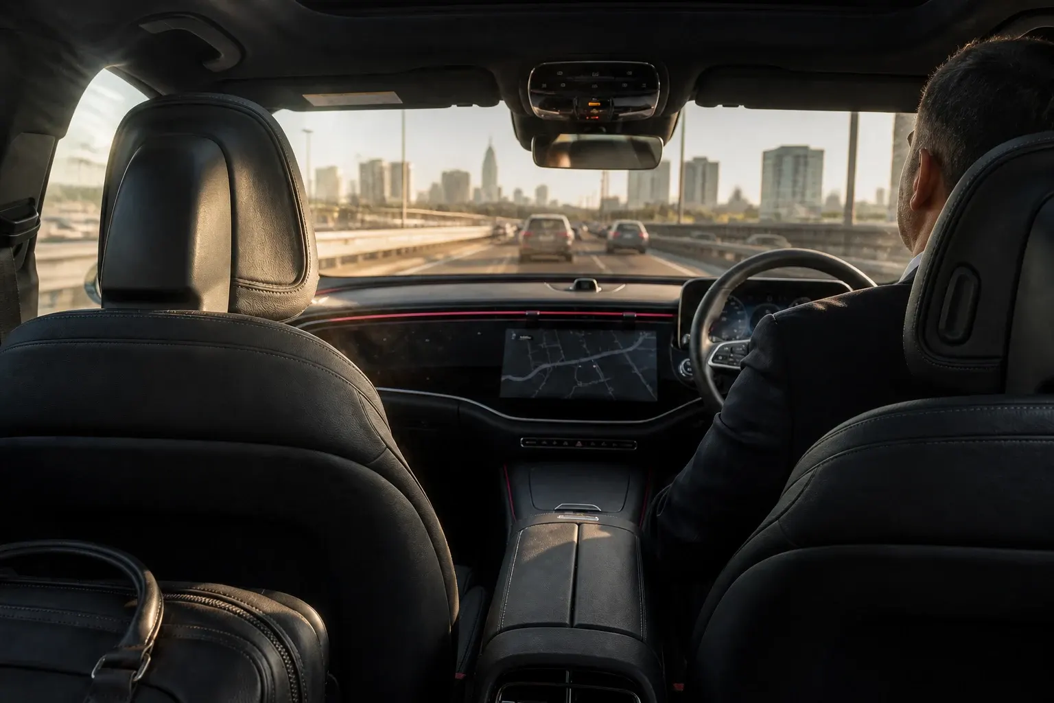 A chauffeur, traffic and a city skyline viewed from the rear cabin