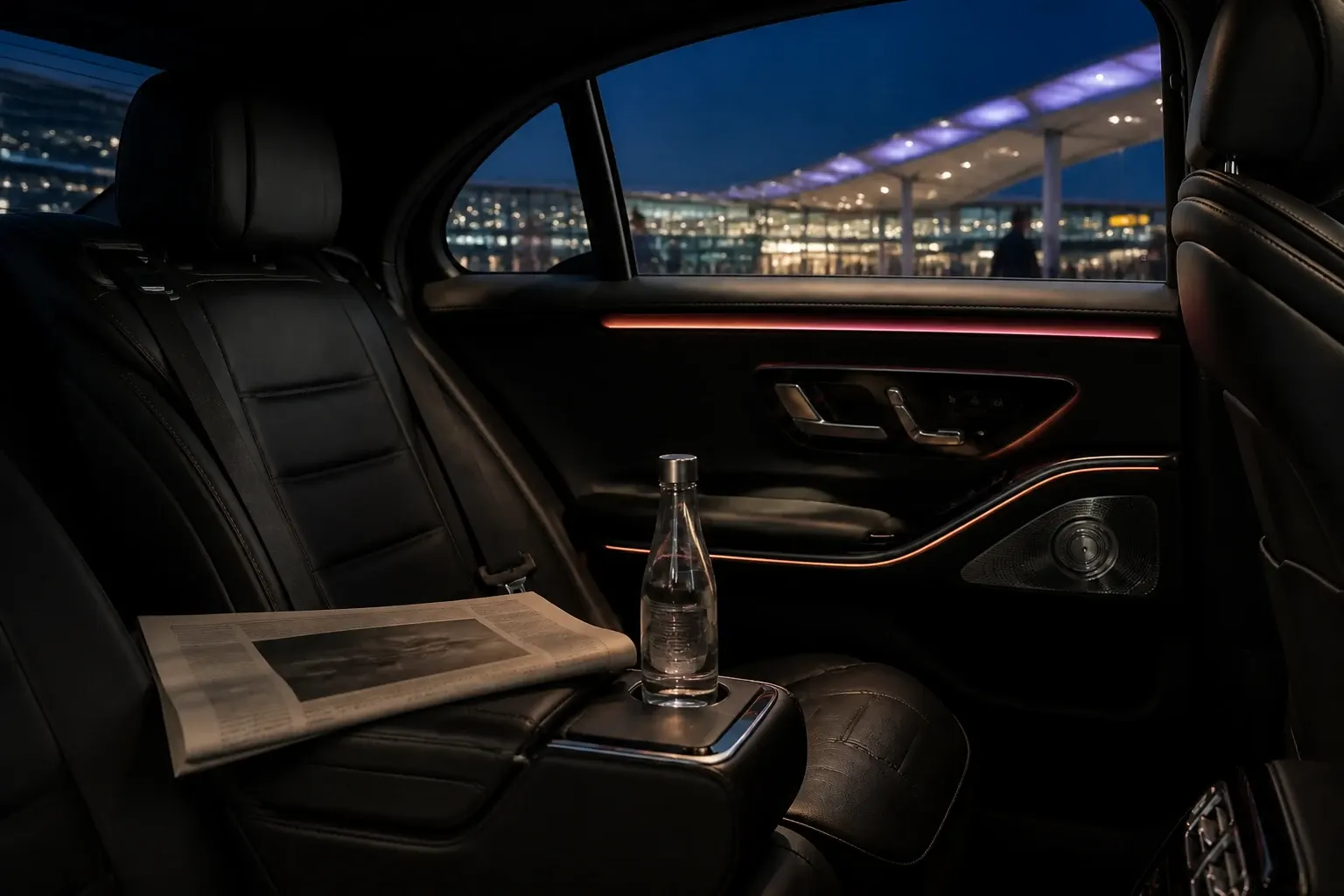 Prepared rear passenger seat under soft ambient cabin lighting