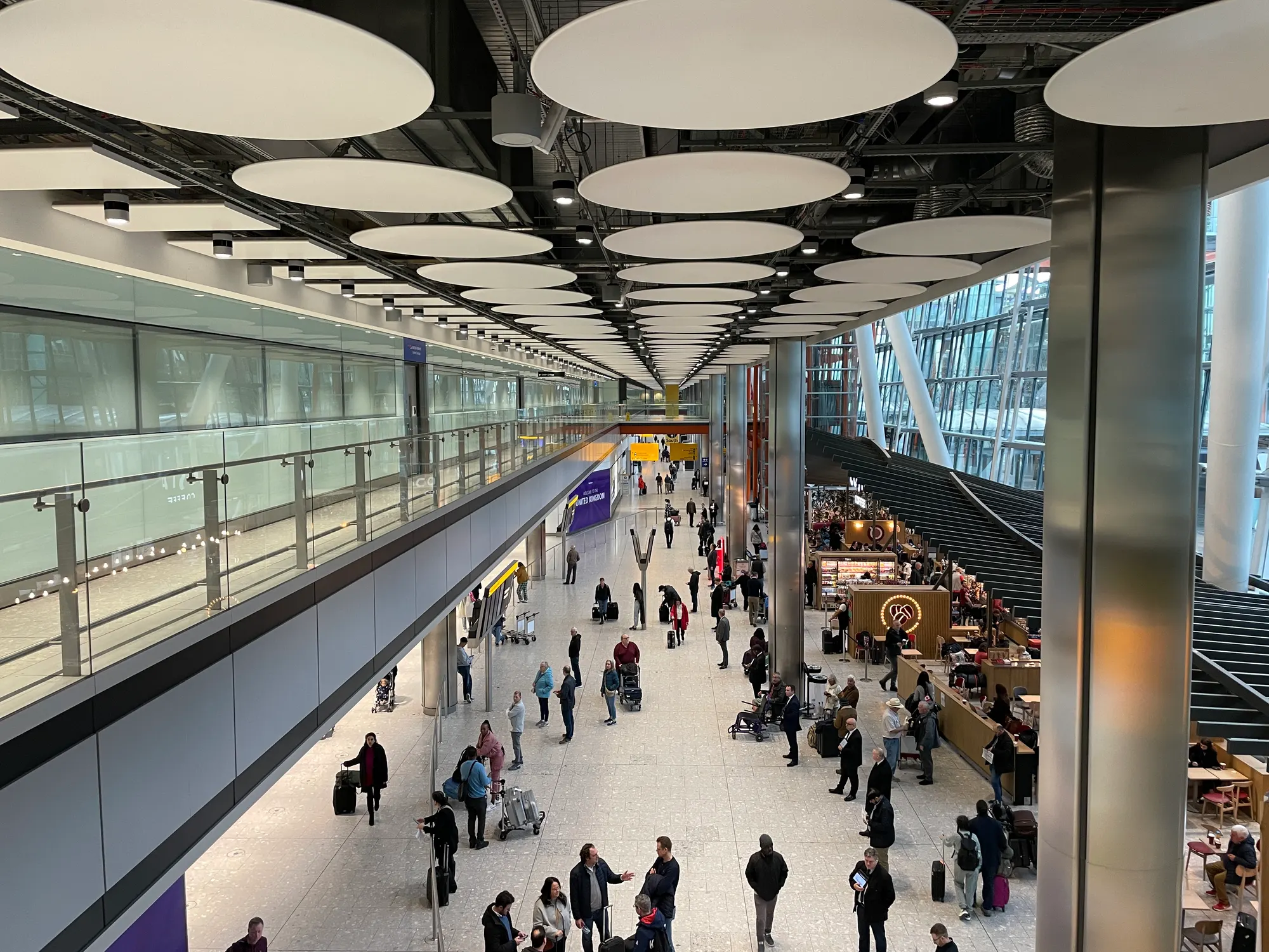 Heathrow Terminal 5 public arrivals hall photographed in February 2024