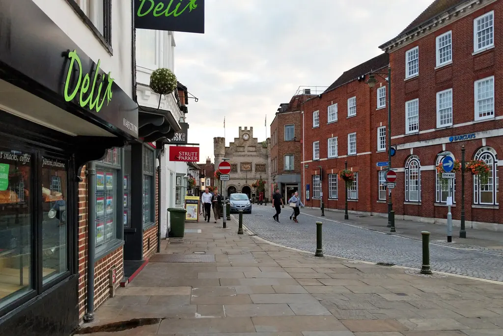 Shops and pedestrian street in Horsham town centre in August 2018