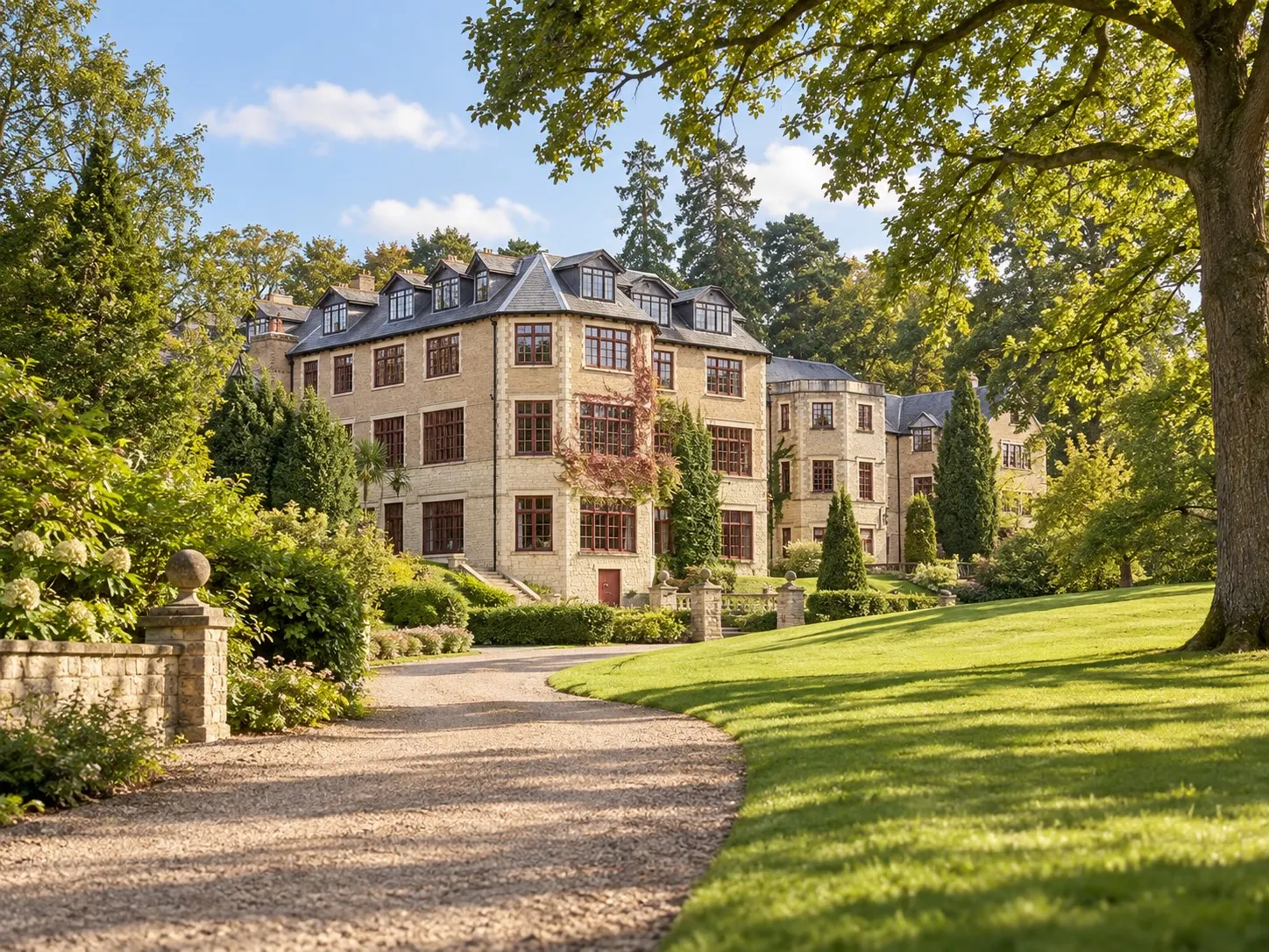 Illustrative sunny approach to Pennyhill Park based on a photograph of its pale-stone hotel building