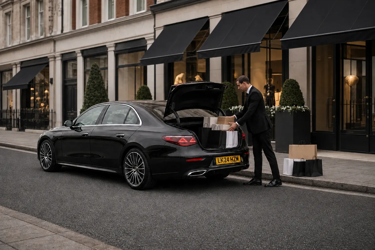 Chauffeur placing several bags into an open saloon boot