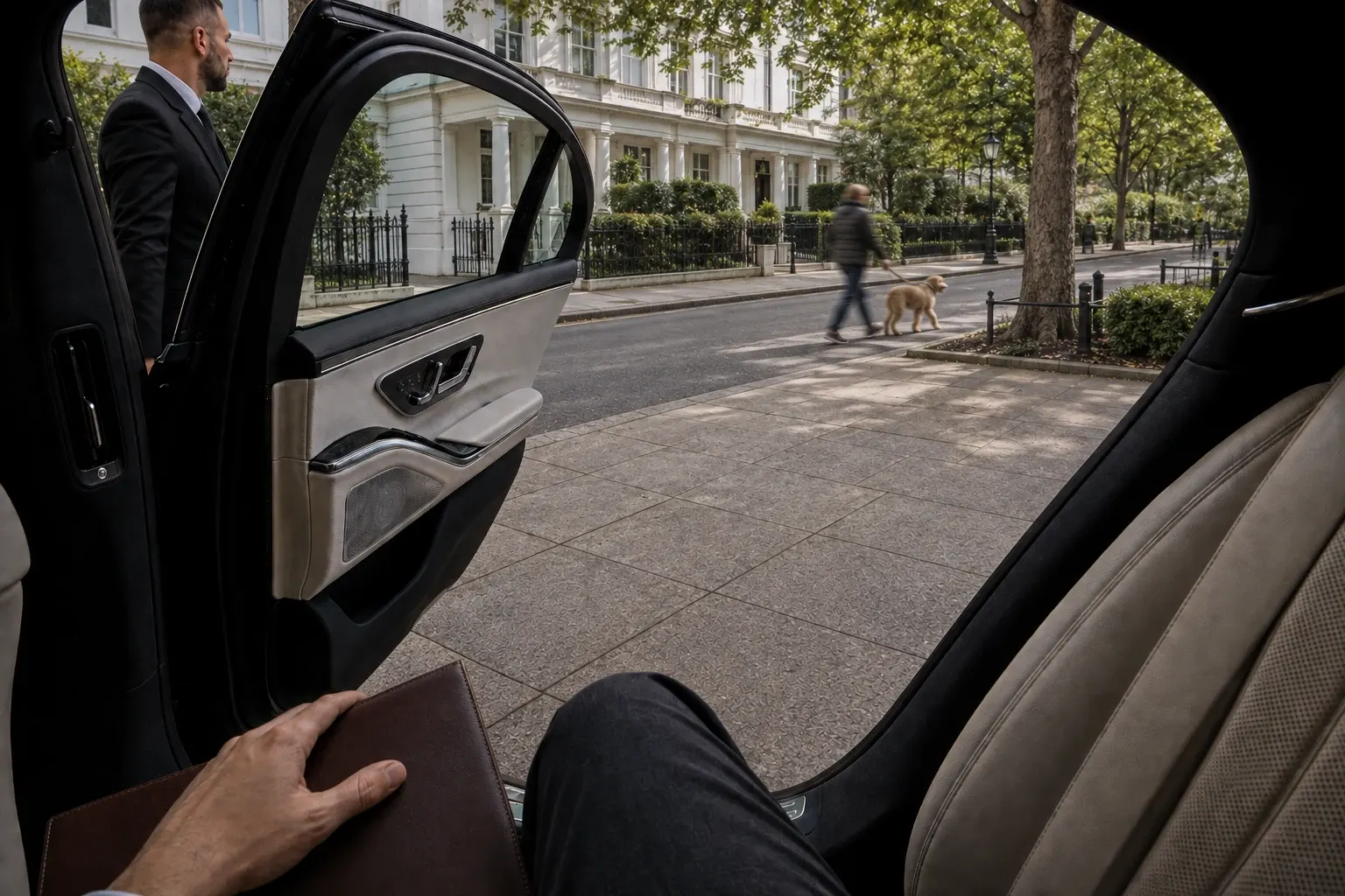 A leafy city square viewed through an open black chauffeur car door