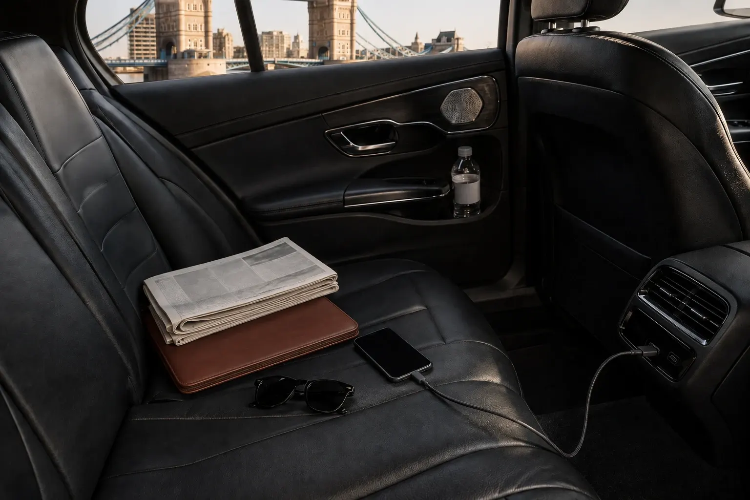 Two books resting on a black rear seat beside a city window