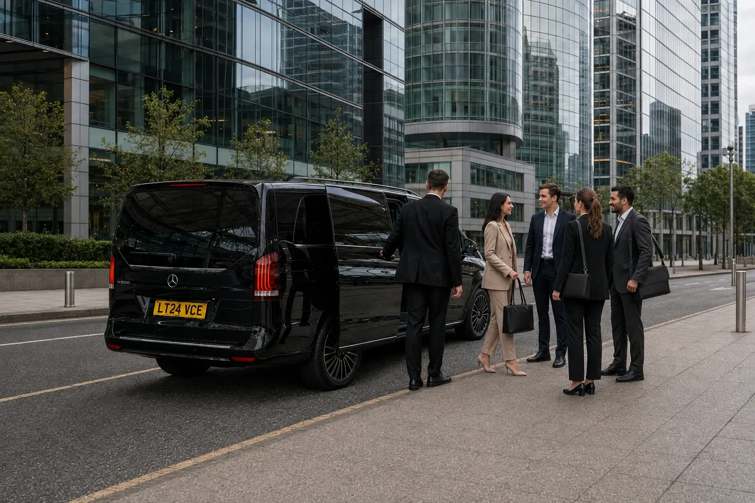 Adult passengers gathered with a chauffeur beside a black people carrier in the city
