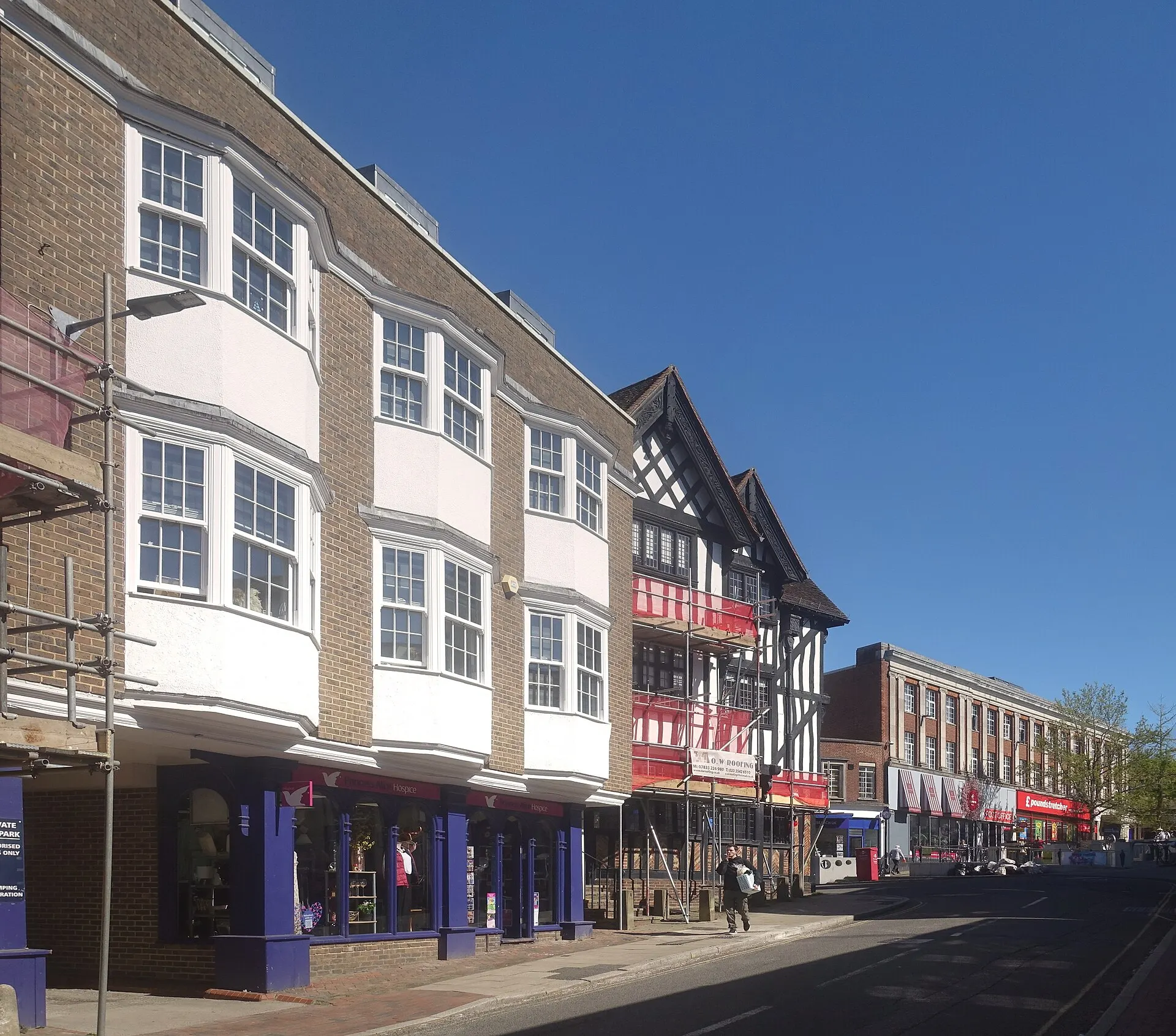 Historic town-centre buildings in Leatherhead in April 2026