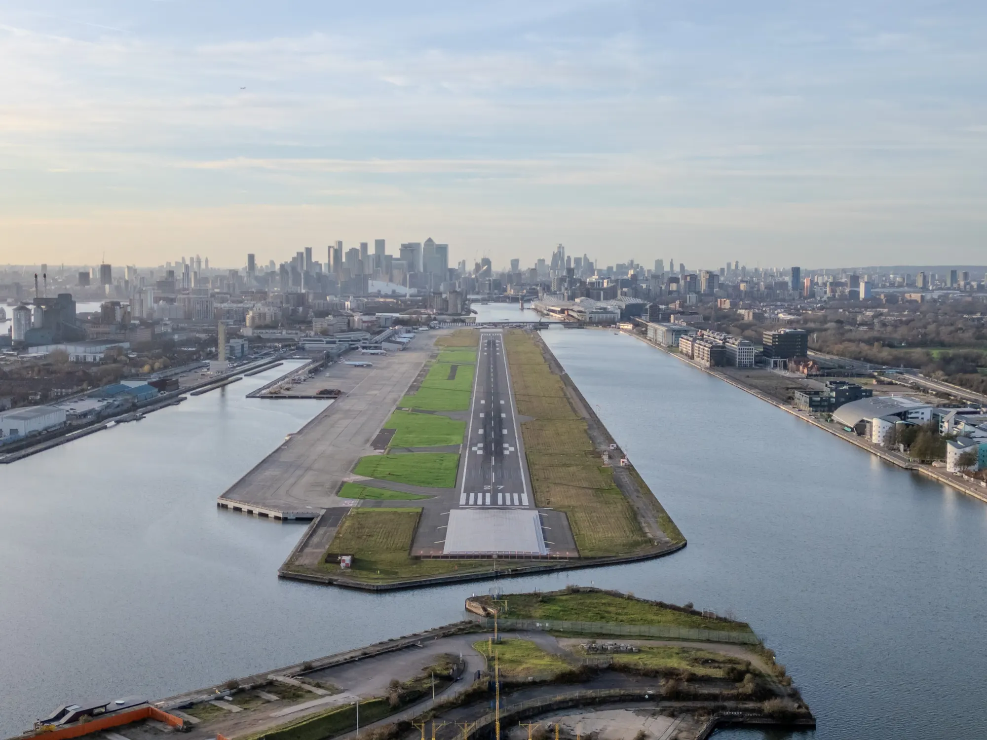 London City Airport runway between the Royal Docks