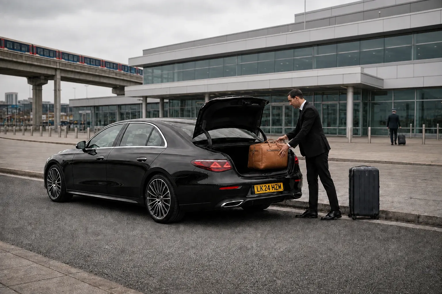 Chauffeur checking luggage in the boot of a black saloon