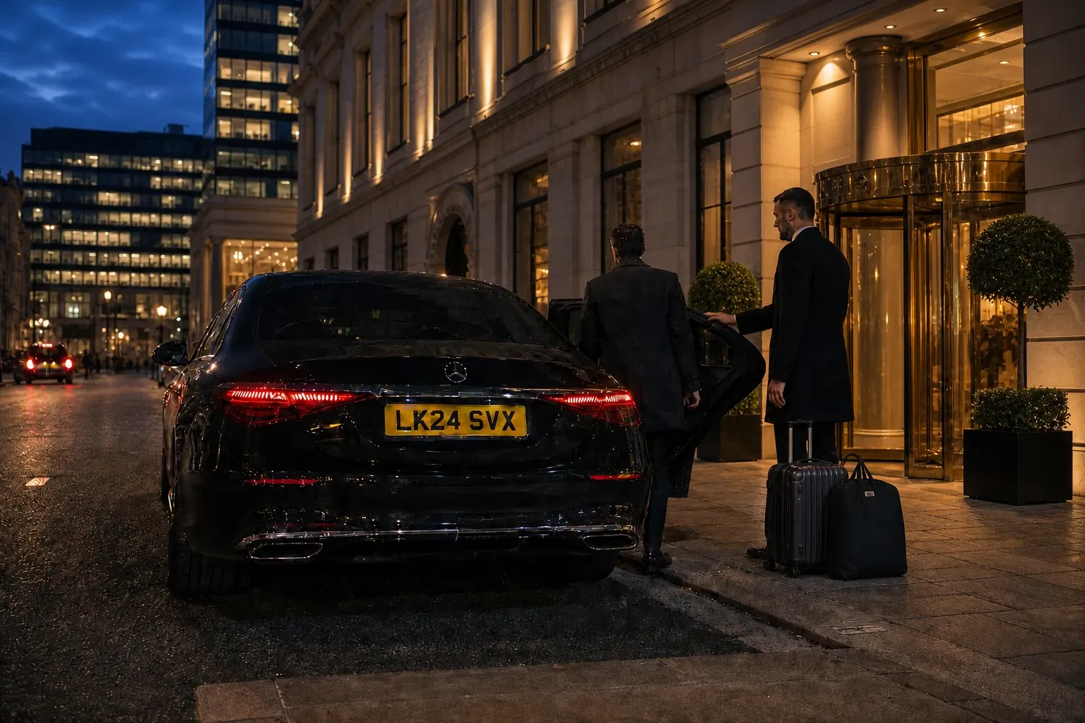 Two adults standing beside a black saloon outside a city hotel at dusk