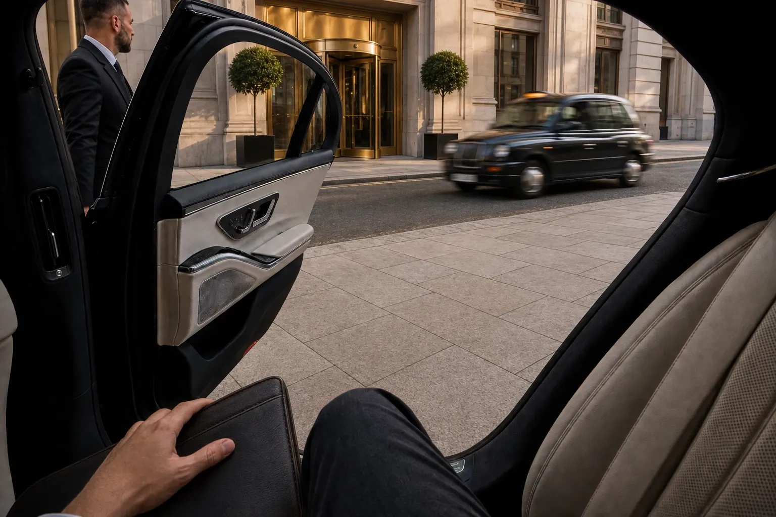 A city street and passing black cab viewed through an open rear passenger door