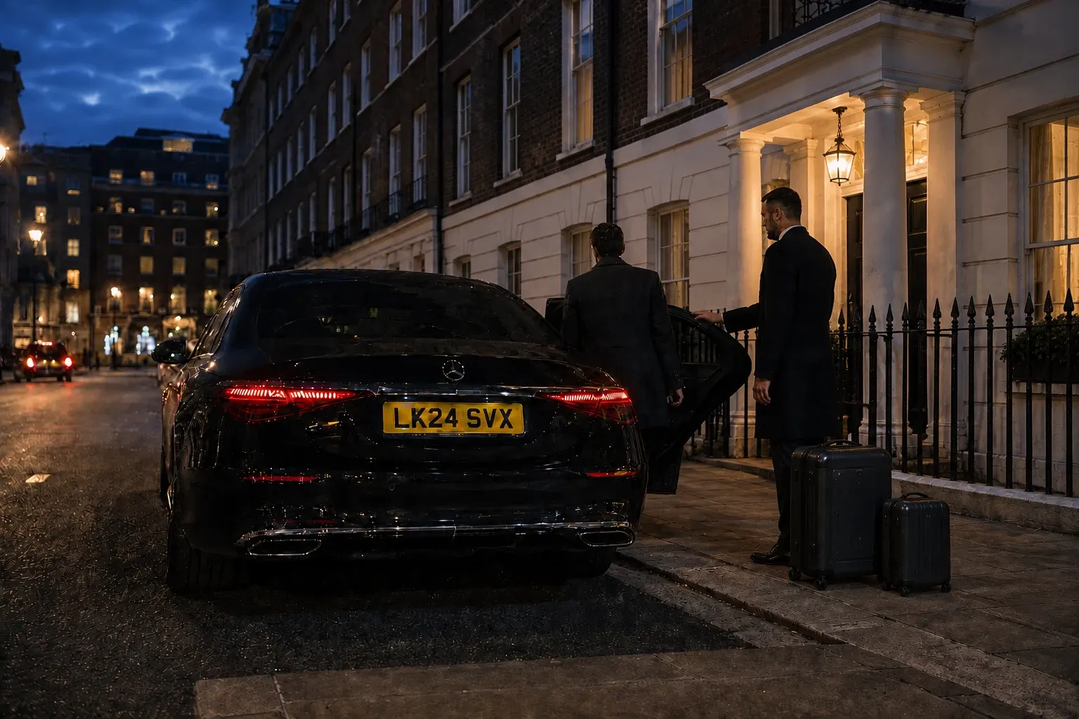 Chauffeur assisting with a case outside a hotel at dusk