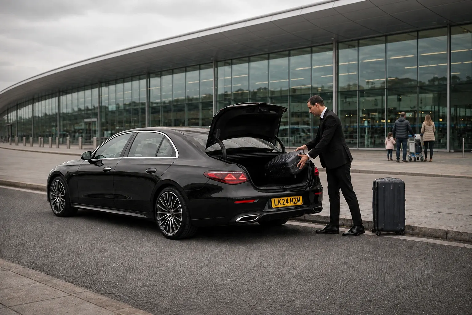 Chauffeur loading a passenger case into an open black saloon