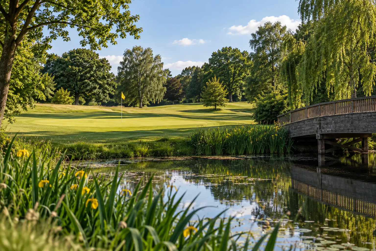 Illustrative parkland golf green and footbridge beside water at Mill Ride, grounded in club photographs