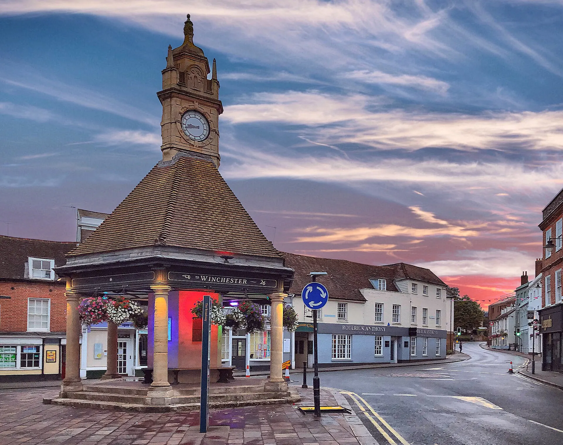 Newbury Clock Tower in the town centre at dusk