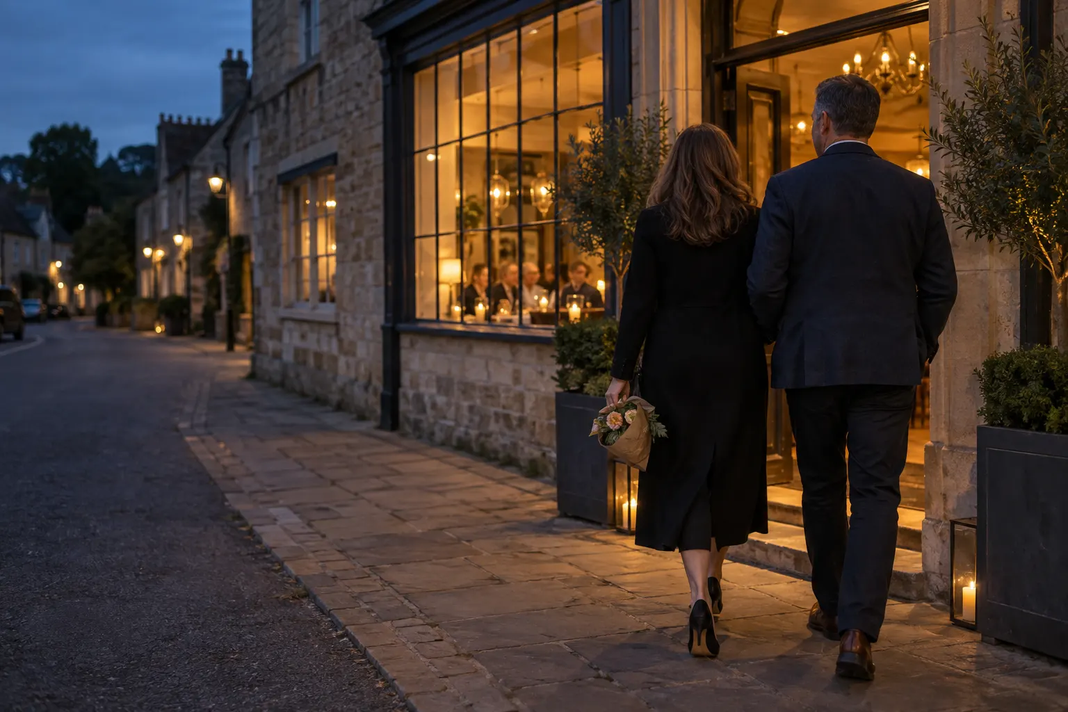 Illustrative couple arriving together at a warmly lit restaurant in the evening