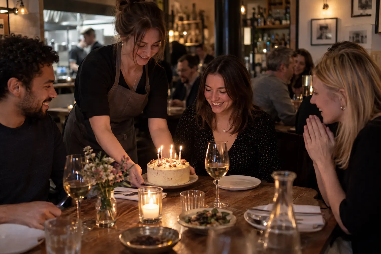 Illustrative birthday dinner with a small cake
