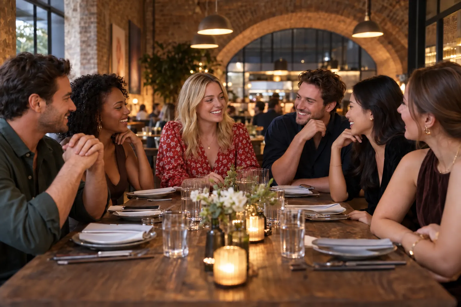 Illustrative adult friends sharing a group dinner in a brick-arched restaurant